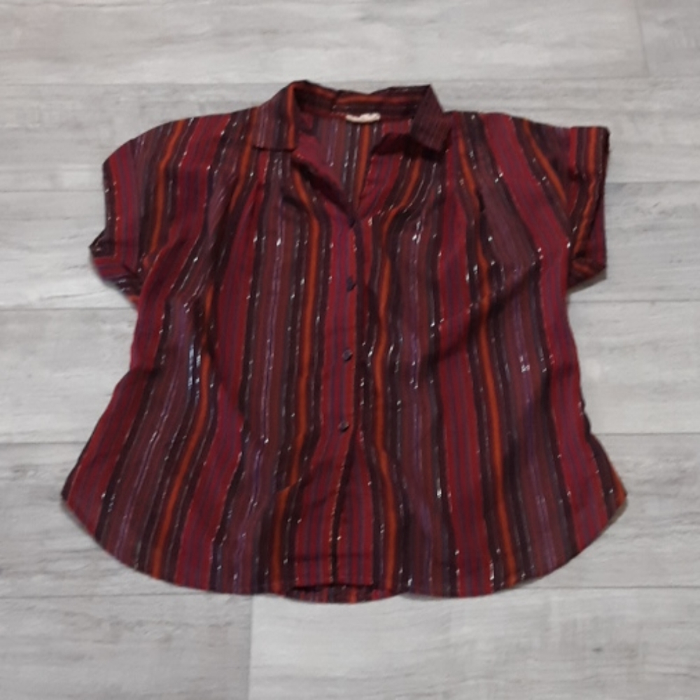 Womens Short sleeve Sheer Blouse b33 Stripes Sz med Dark Colors Button Up